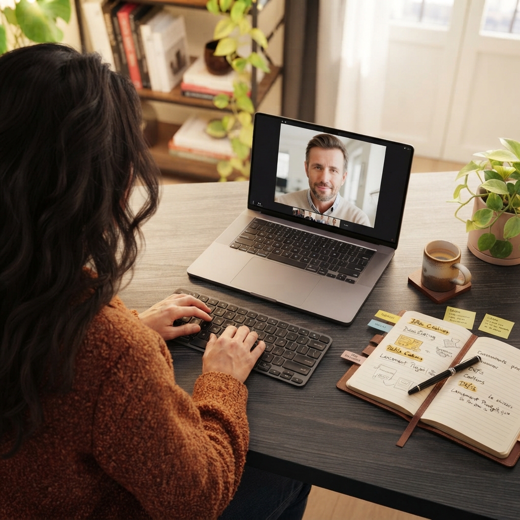 Rencontre client à distance en visioconférence, échange stratégique
