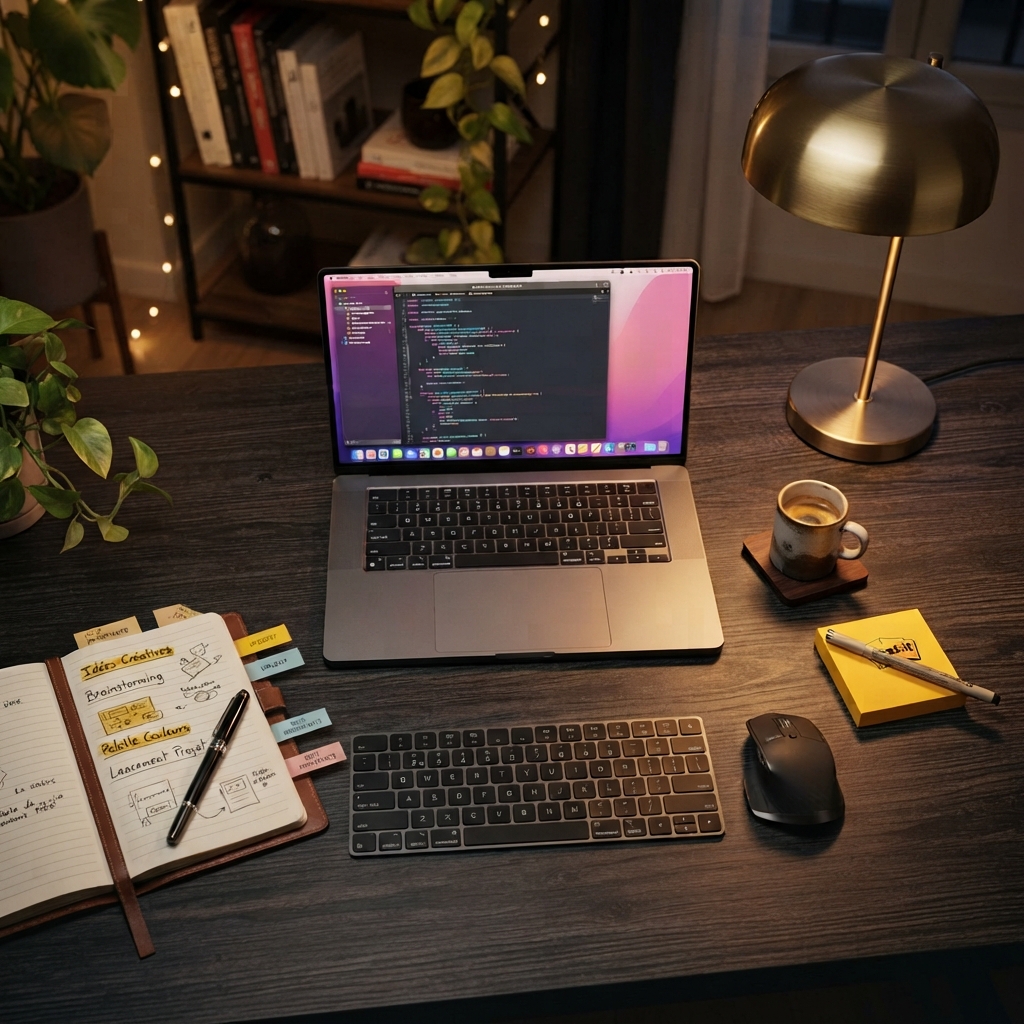 Espace de travail avec carnet de notes stratégiques, ordinateur portable et café